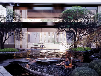 Modern Garden Landscape With Water Pond Lush Green Trees And Seating Area 3d model