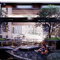 Modern Garden Landscape With Water Pond Lush Green Trees And Seating Area