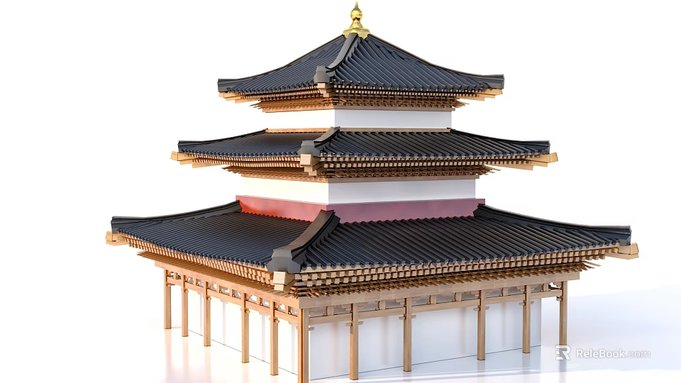 Ancient Chinese Architecture Three Tiered Tower With Black Tiled Roof Golden Finial And Wooden Structure 3d model 