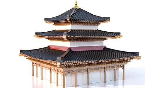 Chinese style ancient building three-story ancient building 3d model