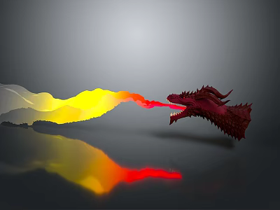 Red Dragon Breathing Yellow And Red Flames With Smoke And Reflection On Gray Ground 3d model