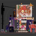 Cartoon King Food Truck Scene With Vibrant Colors Characters Street Lamp And Trash Cans