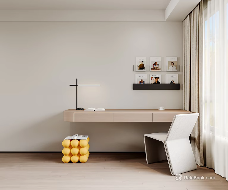 Modern Desk Interior With Table Lamp Chair Wall Shelf Photos And Yellow Decorative Balls 3d model 