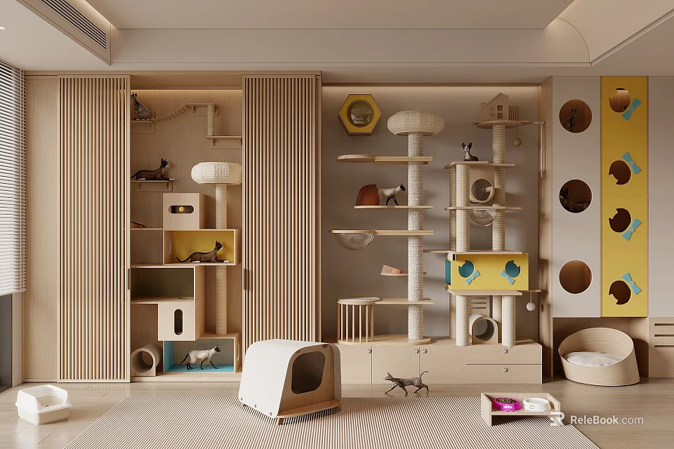 Cat Activity Space Design With Wooden Cat Tree And Multiple Cat Houses 3d model 