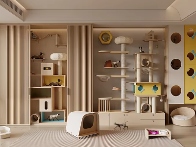 Cat Activity Space Design With Wooden Cat Tree And Multiple Cat Houses 3d model