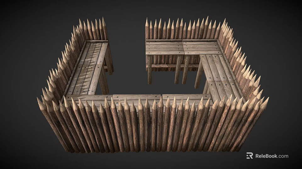 Wooden Fence Square Shaped Enclosure With Spiked Tops And Rustic Slats Design 3d model 
