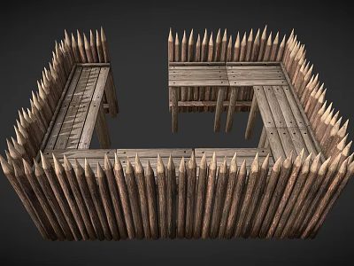 Wooden Fence Square Shaped Enclosure With Spiked Tops And Rustic Slats Design 3d model