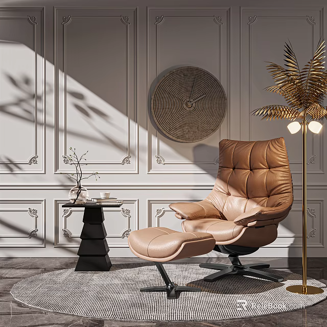 Modern Brown Leather Single Seater Sofa With Side Table Floor Lamp And Decorative Rug 3d model 