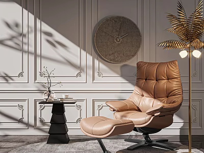 Modern Brown Leather Single Seater Sofa With Side Table Floor Lamp And Decorative Rug 3d model