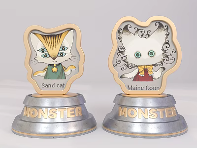 Cartoon Cat Trophies With Sand Cat Maine Coon Figures And Monster Base 3d model