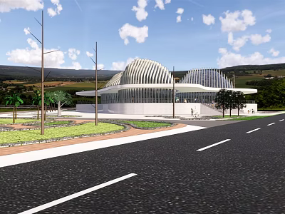 Modern Landmark Building With Unique Curved Roof Near Road Green Area Trees Mountains And Blue Sky 3d model