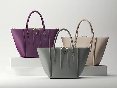 Elegant Tote Bags In Purple Gray Beige With Metallic Details On White Display Platforms 3d model