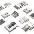 Stylish Open Books And Magazines With Modern Layout And Photographic Pages