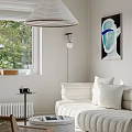 Cozy Living Room Interior With Bookshelves Fireplace White Sofa Round Rug And Pendant Lamp