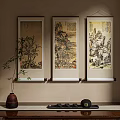Traditional Chinese Landscape Scroll Paintings On Wall With Bamboo And Ceramic Vase