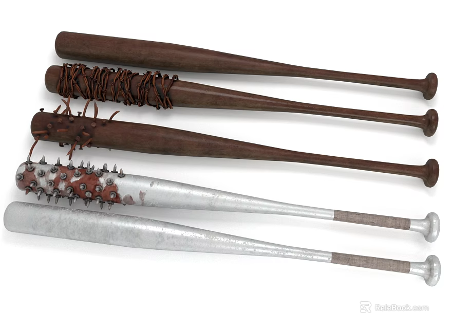 Modified Wooden And Metal Baseball Bat Weapons With Spikes And Rope Wrapping 3d model 