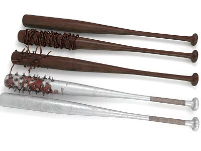 Modified Wooden And Metal Baseball Bat Weapons With Spikes And Rope Wrapping 3d model