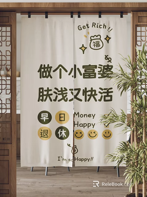 Decorative Curtain with Money Happy Text Early Retirement Smiley Faces Stars and Cat Motifs 3d model 