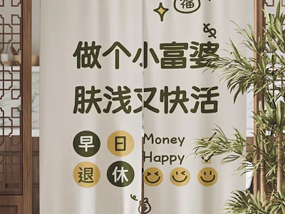 Decorative Curtain with Money Happy Text Early Retirement Smiley Faces Stars and Cat Motifs 3d model