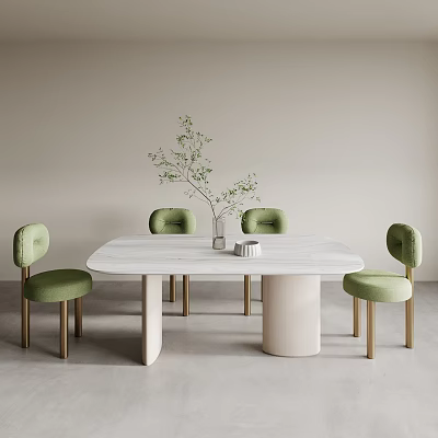 Stylish White Marble Dining Table Set With Green Chairs And Golden Legs 3d model