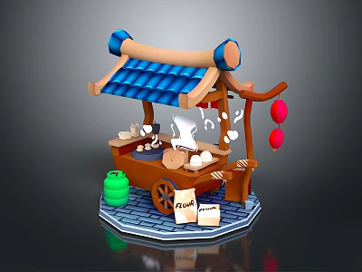 Traditional Chinese Food Stall With Blue Tiled Roof Red Lanterns And Food Signboard 3d model