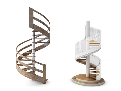Modern Spiral Staircase Designs With Wooden Treads And White Handrail Elements 3d model