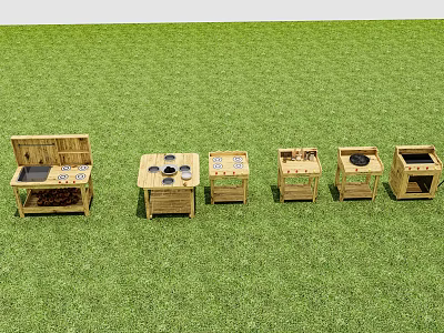 Kindergarten Outdoor Play Space With Row Of Wooden Play Kitchen Toys On Green Grass 3d model