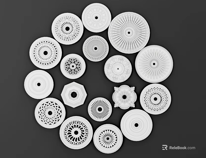 White Ceiling Light Panels with Various Pattern Designs in Circular Arrangement 3d model 