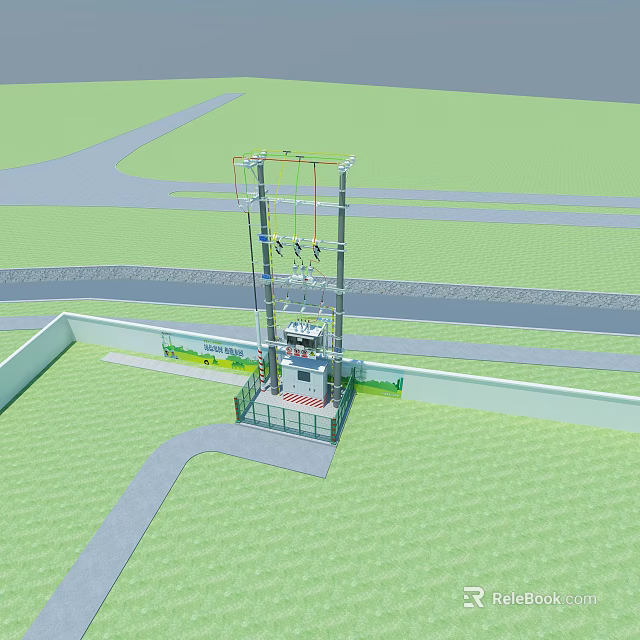 Outdoor Industrial Equipment With Metal Tower Control Cabinet Grassland And Road Surroundings 3d model 