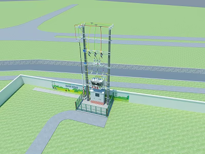 Outdoor Industrial Equipment With Metal Tower Control Cabinet Grassland And Road Surroundings 3d model
