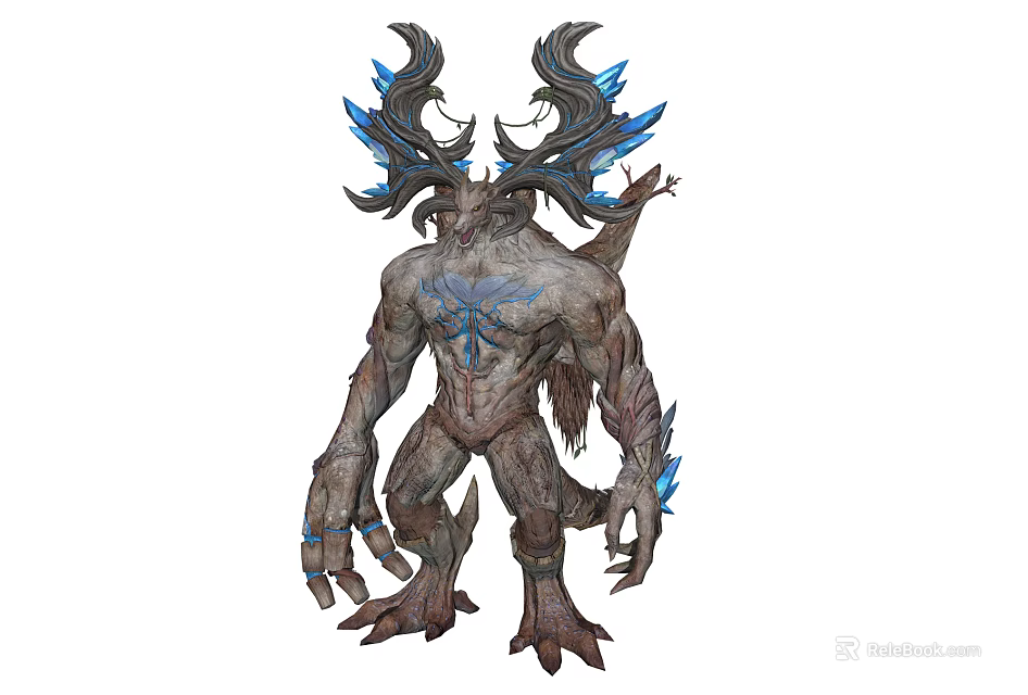 Fantasy Guardian Creature With Wooden Antlers Blue Glowing Body And Humanoid Features Design 3d model 