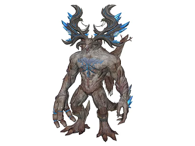 Fantasy Guardian Creature With Wooden Antlers Blue Glowing Body And Humanoid Features Design 3d model