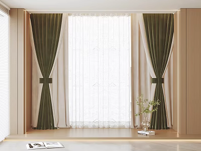 Green Curtains With Bow Ties And White Sheer Curtains In Room With Vase Plant 3d model