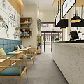 Bubble Tea Shop Modern Interior with Wall Decor Hanging Lamps Menu Boards and Green Plants