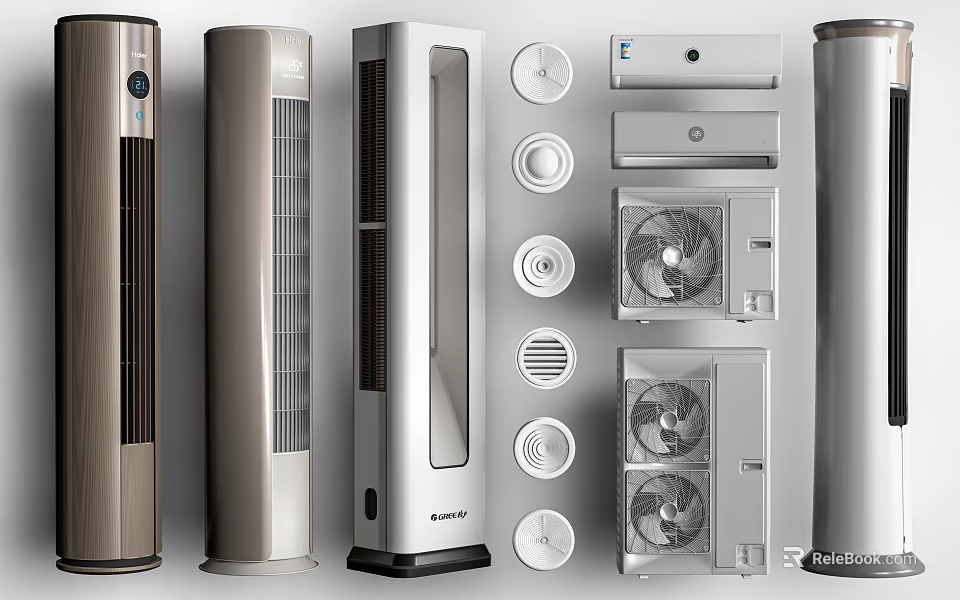 Modern Vertical Air Cooler Fans with Various Designs and Internal Components 3d model