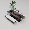 Modern Tea Table And Chairs Set With Wooden Top And Green Plant Decor For Home