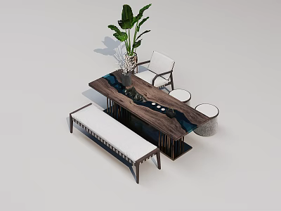 Modern Tea Table And Chairs Set With Wooden Top And Green Plant Decor For Home 3d model
