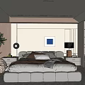 Modern Minimalist Bedroom With Upholstered Bed Blue Artwork Floor Lamp Green Plant And Light Rug