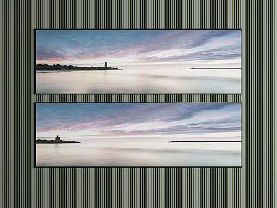 Two Seascape Landscape Paintings With Sunset Sky Calm Water Lighthouse And Boat 3d model