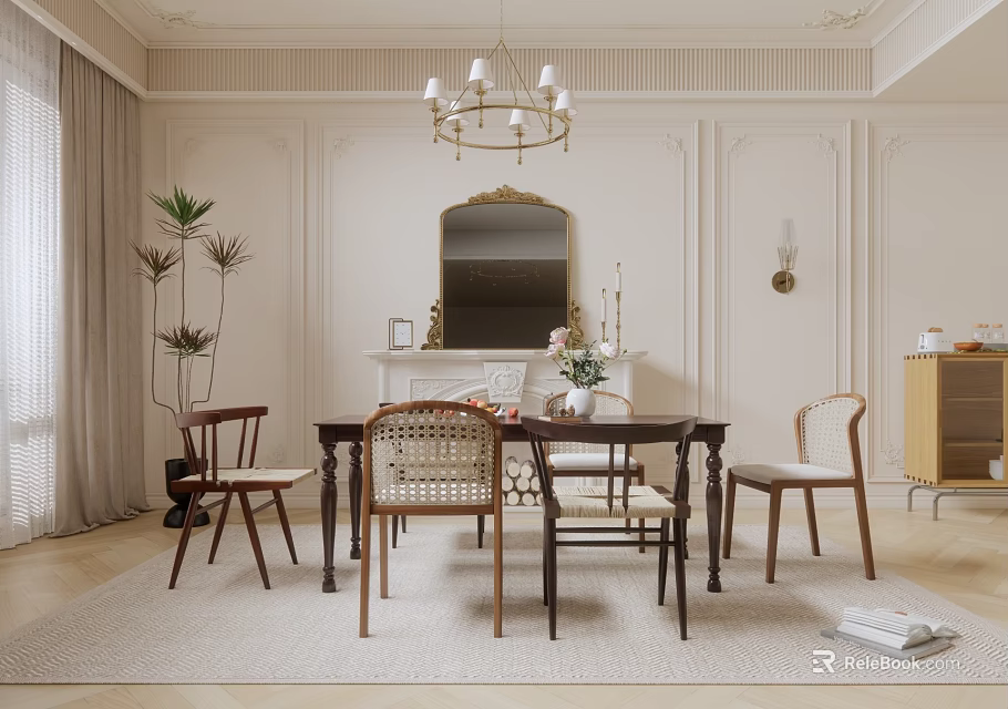 Elegant Dining Room Interior with Chandelier Mirror Dining Table Chairs and Plants 3d model 