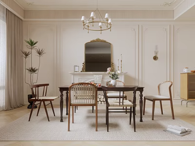 Elegant Dining Room Interior with Chandelier Mirror Dining Table Chairs and Plants 3d model
