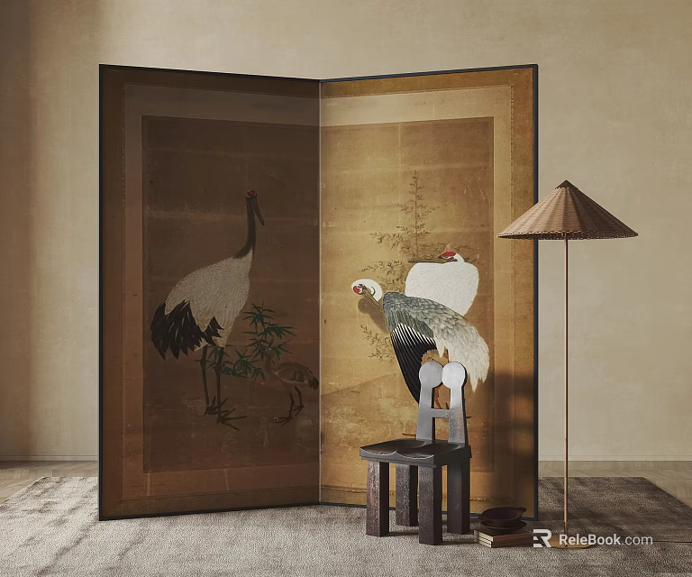 Traditional Folding Screen With Crane Motifs And Small Stool Floor Lamp In Minimalist Interior 3d model 