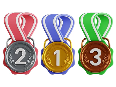 Decorative Ornament Set Of Gold Silver Bronze Medals With Red Blue Green Ribbons And Numbers 1 2 3 3d model