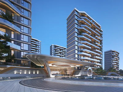 Modern High-rise Residential Complex Design With Curved Entrance And Landscaped Surroundings 3d model