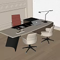 Modern Office Desk With Light Surface Red And Beige Chairs Tablet Notebook And Lamp