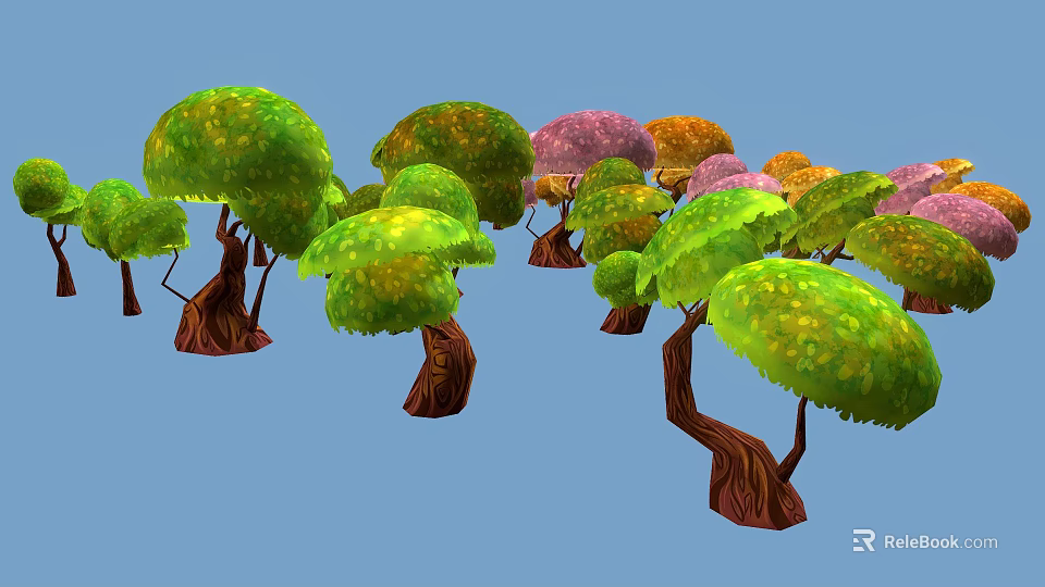 Colorful Decorative Trees With Vibrant Green Pink Orange Foliage And Brown Trunks 3d model 