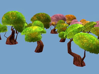 Colorful Decorative Trees With Vibrant Green Pink Orange Foliage And Brown Trunks 3d model