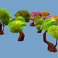 Colorful Decorative Trees With Vibrant Green Pink Orange Foliage And Brown Trunks