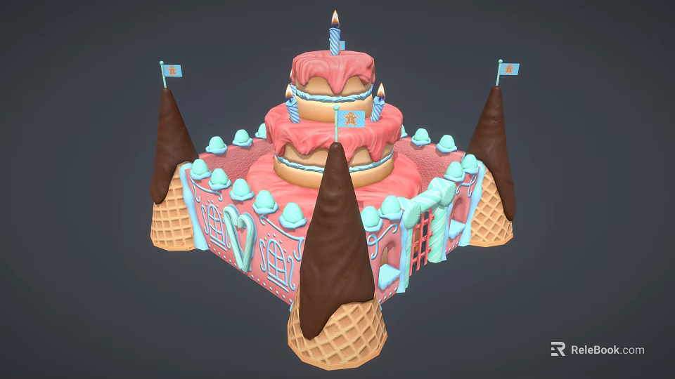 Three Tiered Birthday Cake With Pink Frosting Candles And Chocolate Decorated Ice Cream Cones 3d model 