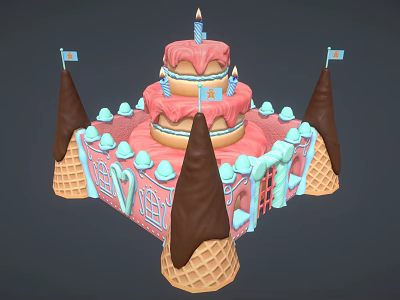 Three Tiered Birthday Cake With Pink Frosting Candles And Chocolate Decorated Ice Cream Cones 3d model